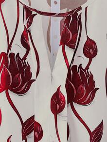 Linhara 大码女式休闲印花圆领长袖衬衫，蓝白印花衬衫，秋季服装，乡村音乐节衬衫，女士秋季衬衫，户外服装，2025新款长袖印花上衣，印花衬衫，女式灯笼袖衬衫，女式衬衫，长袖女式衬衫，复古印花女式衬衫，女式衬衫 - 酒紅色 - 查看 5