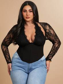 SHEIN BAE 大码女式撞色蕾丝吊带上衣 - 黑色 - 查看 6