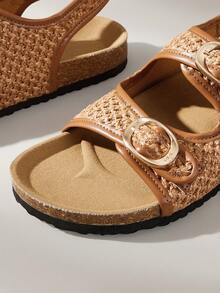 Solecia Ladies Spring And Summer New Brown Woven Open-Toe Buckle With Light Luxury Fashion Versatile Sandals - Casual Outdoor Beach Vacation Wind Retro Bohemian Wind Internet Celebrity Recommendation Fairy Wind French Minimalist Design Wood Grain Shoes - Brown - View 5