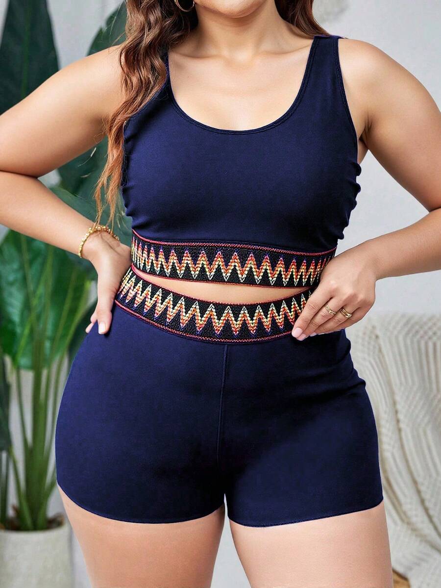 Swim Lushoire Bộ đồ bơi nữ cỡ lớn màu trơn cổ tròn kiểu áo quây và quần cạp cao, gợi cảm, thanh lịch, thoải mái cho mặc hàng ngày, đi biển, nghỉ lễ. - Màu xanh hải quân - Xem 1