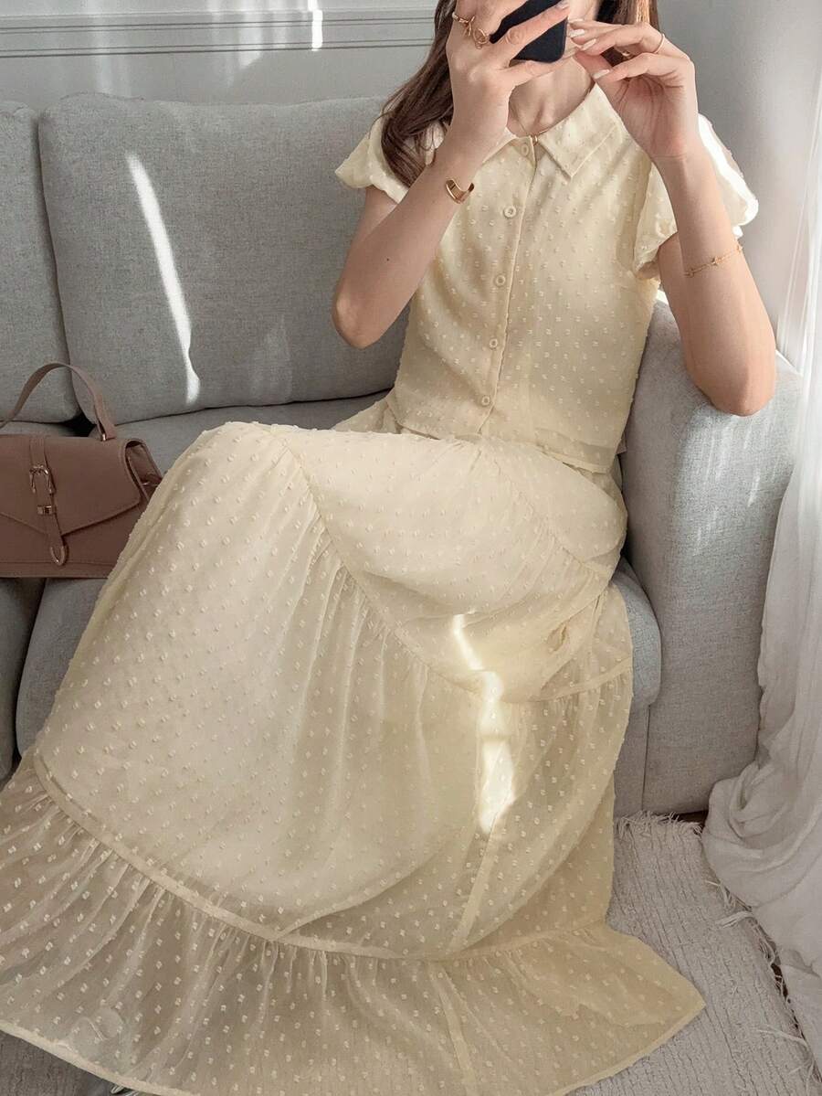 FRIFUL 女士纯色米色褶皱薄纱纹理宽松休闲两件套夏季 - 米色 - 查看 1