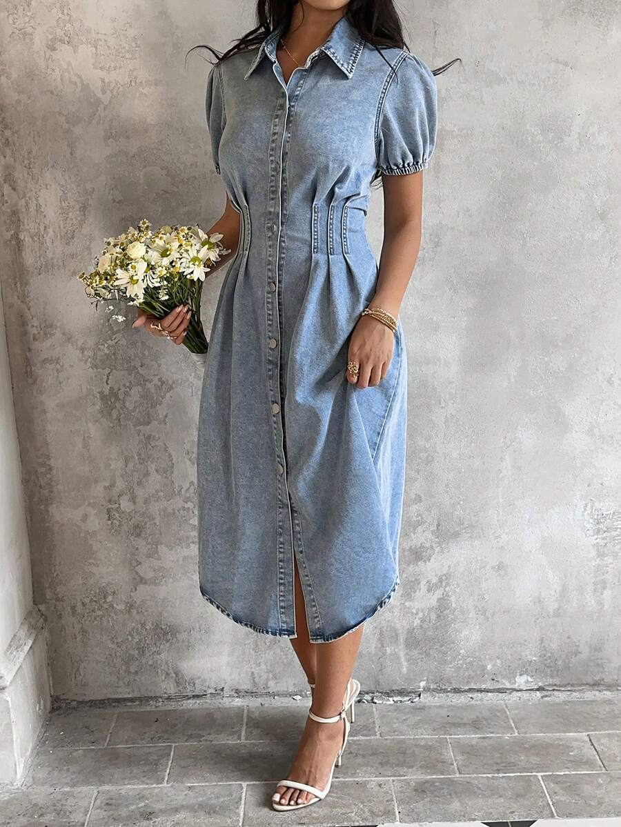Sunnyshic Women's Denim Extra Long High Slit Dress - Blue - View 1
