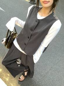 DAZY 女士纯色单排扣背心和裤子休闲两件套家居服套装 - 灰色 - 查看 8