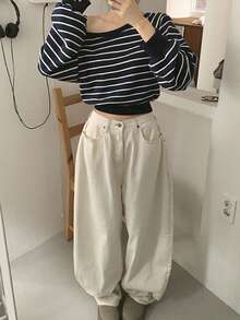 DAZY 女士宽松不对称肩条纹长袖卫衣 - 藏蓝色 - 查看 8