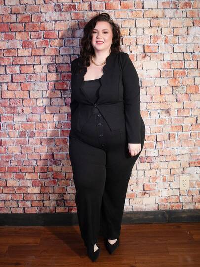 Truni Plus Size Women's Puff Sleeves Arc Hem Blazer Jacket In Fall/Winter