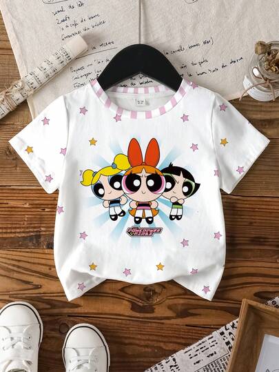 THE POWERPUFF GIRLS X SHEIN قميص تي شيرت كاجوال بأكمام قصيرة مطبوع عليه نجوم كرتونية جميلة، مناسب للارتداء اليومي والصيف