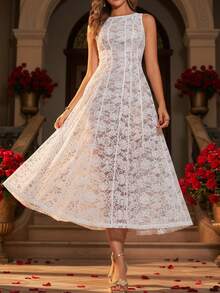 Amorya Robe blanche en dentelle à ligne A pour femmes, sans manches, tenue de printemps/été pour femmes, robe de fête de la Saint-Valentin, de mariage, de fiançailles, de lune de miel, de baby shower, de demande en mariage, robe blanche en dentelle, tenues de printemps-été, cache le ventre, robe de la Saint-Valentin, tenues de festival pour femmes, robe de Pâques, tenue d'anniversaire pour femmes - Blanc - Voir 5