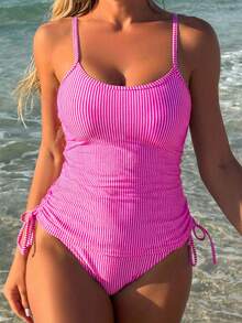 Swim Lushoire SS2025 Women Spring/Summer Beach Swimwear,Blue And Write Stripe Tankini Swimsuit - Hot Pink - View 4