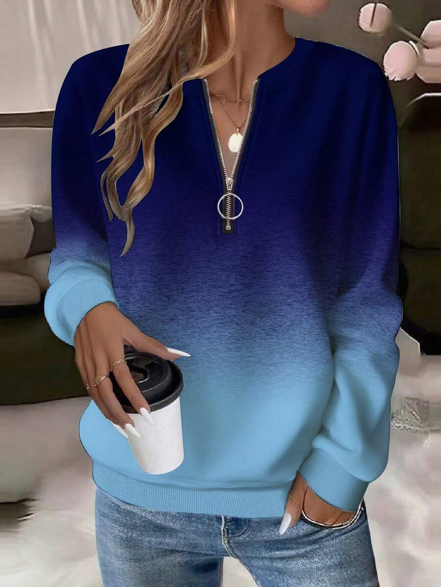 EMERY ROSE 大码女式休闲渐变印花拉链圆领卫衣，美式极简风格 - 彩色 - 查看 1