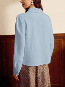 Vintamour 复古优雅女士衬衫领蝴蝶结珍珠纽扣休闲度假上衣教师女装秋季女装秋季女装度假女装娃娃衫外出上衣冬季女装商务休闲女装办公室女装白色女装秋季女装乡村音乐会圣诞节教堂女装秋季女装秋季上衣老钱风格女装可爱上衣优雅 - 藍色 - 查看 6