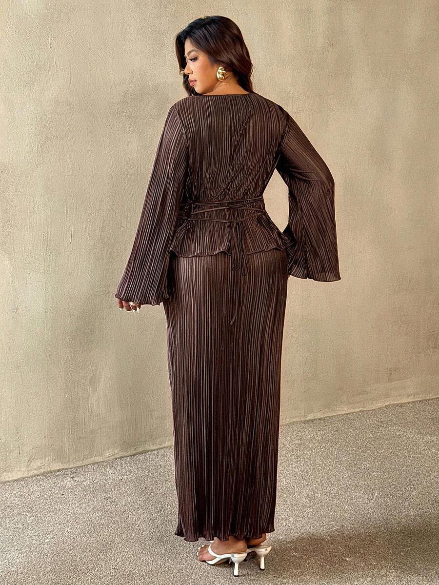 Auralis Plus Size Women Pleated Round Neck Flare Sleeve Top And Midi Skirt Elegant 2-Piece Set Pleated Skirt Set Brown Two Piece Set Women Modest Two Piece Set Elegant Casual Two Piece Set Spring Outfit For Women, Spring Set For Women - Brown - View 1