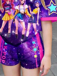 SHEIN 2件套少女休闲运动风韩流卡通女孩字母星空印花短袖上衣和短裤套装，适合夏季和返校季 - 彩色 - 查看 5