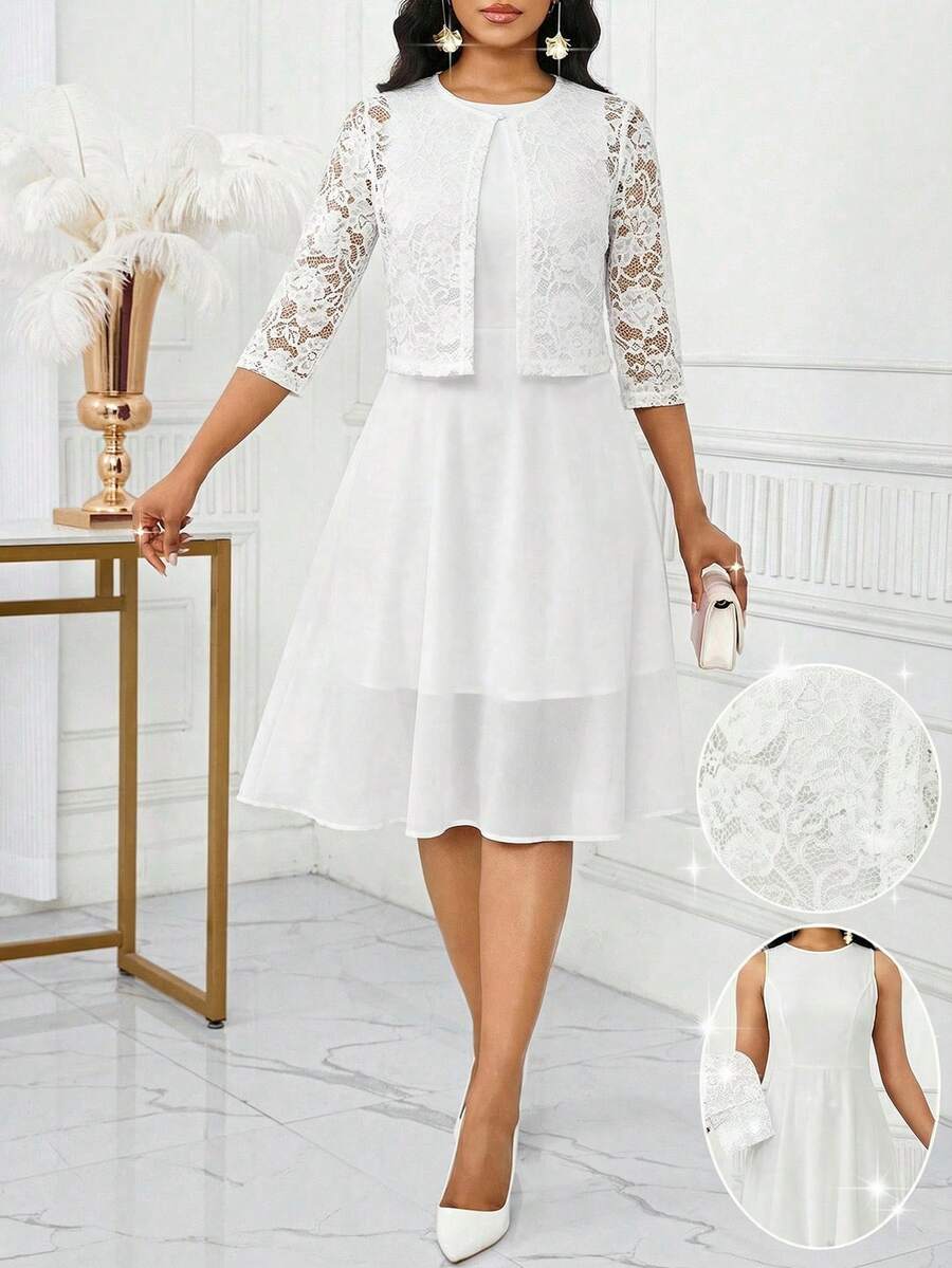 SHEIN Lady Bộ 2 món áo và váy ren không tay màu trơn thanh lịch dành cho nữ, thích hợp cho mùa hè, sinh nhật & sự kiện / công sở / nhà thờ / đám cưới / lễ hội. - trắng - Xem 1