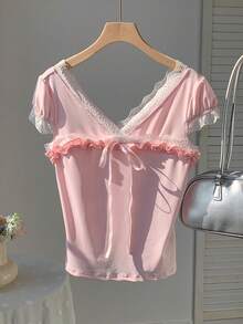 Comfortcana Women's Casual Contrast Color Lace Trim Tie Front T-Shirt, Summer Lace Trim Top Pink Babydoll Top Ruffle Top Sweetheart Neckline Tops Baby Pink Top - Pink - View 3