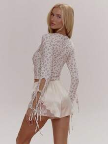 MUSERA Ditsy Floral Print V Neck Double Layered Bralette Cutout Long Sleeve Top Girly Sexy Spring Winter Going Out Daily Easter Sugar Swizzle - Multicolor - View 2