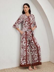 Ocili 女士柔软舒适抽象印花睡衣套装，采用水溶性蕾丝，长袖上衣和长裤，时尚秋季家居服 - 棕色 - 查看 5