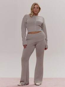 MUSERA Fold Over Knitted Flare Trousers Cute Cosy Spring Everyday Sugar Swizzle - Grey - View 1