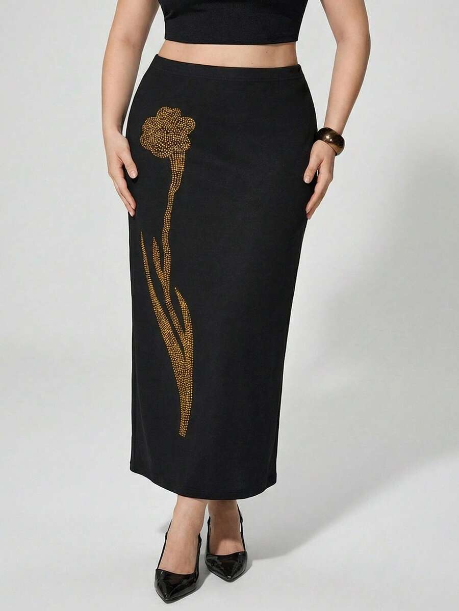 Maija 2026春季新款现代都市罗纹亮片花卉刺绣黑色长裙，大码款式，适合初秋派对穿着。浪漫、时尚、百搭；舒适、优雅、休闲、简约日常穿着，必备单品，适合假日休闲，适合单身女士，优雅时尚商务休闲春夏女装情人节狂欢节时尚女装派对沙滩婚礼度假休闲长款黑色裙子 - 黑色 - 查看 1