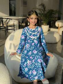 SHEIN Tween Girls' Elegant & Cute Bowknot Floral Print Middle Eastern Arabic Traditional Festival Dress - Green - View 1