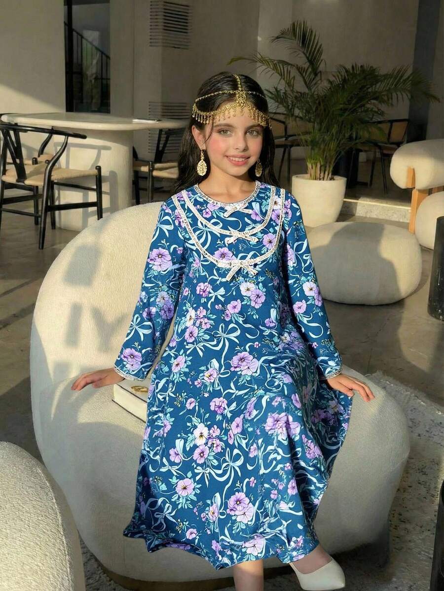 SHEIN Tween Girls' Elegant & Cute Bowknot Floral Print Middle Eastern Arabic Traditional Festival Dress - Green - View 1