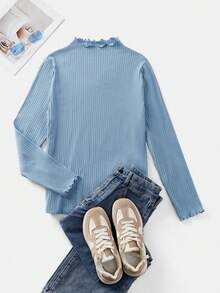 SHEIN EZwear Disig blå ribbad stickad långärmad t-shirt med ståkrage för kvinnor i plusstorlek - Dammblå - Visa 6