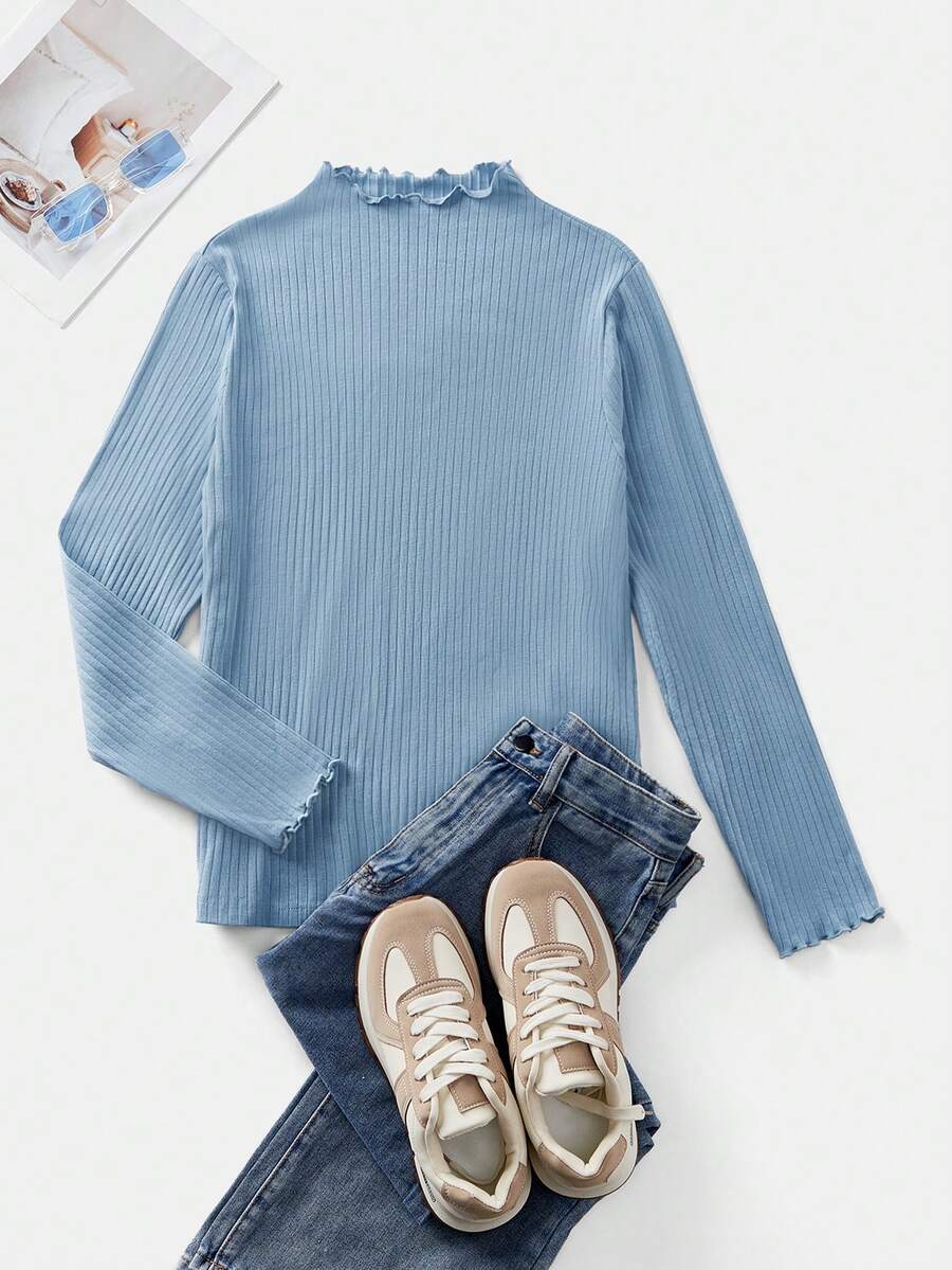 SHEIN EZwear Hazy Blue Ribbed Knit Stand Collar Long Sleeve Casual T-Shirt For Plus Size Women/Winter Baby Blue Top Women - Dusty Blue - View 1