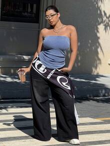 Solflare Áo ống in họa tiết không dây cỡ lớn dành cho nữ, Xuân/Hè - Màu xanh lam - Xem 6