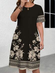 SHEIN CURVE+ Curve Size US22Music Festival, Seaside Vacation, Bohemia2025 Spring/Summer Artistic Textured Floral Print Short Sleeve Round Neck Midi Dress, Suitable For Mother's Day Gathering Black And White Dress Pocket Dress Floral Print Dress - Black and White - View 5