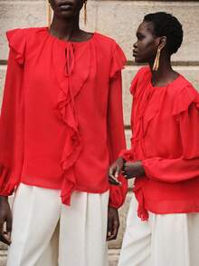 Lumivelle Women's Fashion Ruffle Front Shirt, Valentine's Day Series Red Blouses Ruffle Blouse Long Sleeve Blouse - Red - View 9