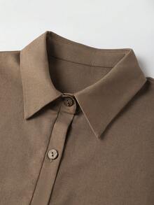 SHEIN Franclia Women's Mid-Length Linen Dress, Shirt Collar, 3/4 Sleeve, A-Line Silhouette, Fashionable Casual Wear, Suitable For Work And Leisure Collar Dress Women Brown Dress Women Khaki Dress Women Coffee Brown Dress - Apricot - View 4