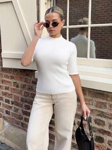 Bethéva 女式半高领修身短款七分袖针织套头衫秋季 - 白色 - 查看 1