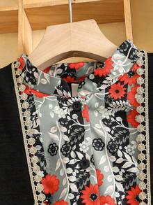 SHEIN Teen Girls Elegant Long Outerwear Co-Ords With Multicolor Floral Print Stand Collar Short Sleeves And Zipper Details For Vacation - Multicolor - View 7