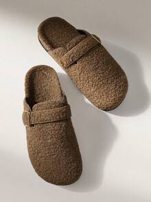 Solecia Women Buckle Design Casual Faux Fur Slip-On Slippers For Christmas - Mocha Brown - View 6