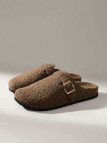 Solecia Women Buckle Design Casual Faux Fur Slip-On Slippers For Christmas - Mocha Brown - View 2