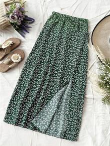 SHEIN Tween Girls' Casual & Vacation Chic Ditsy Floral Printed Skirt - Green - View 1