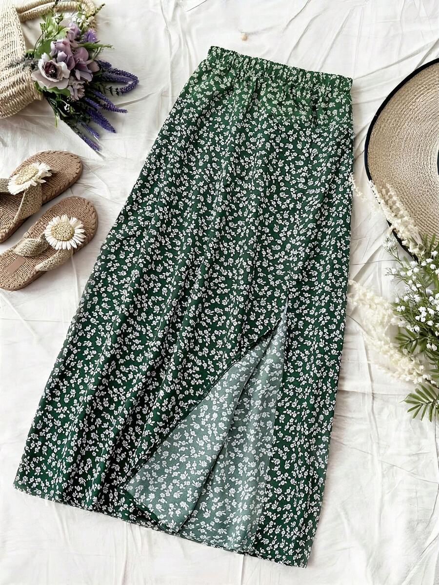 SHEIN Tween Girls' Casual & Vacation Chic Ditsy Floral Printed Skirt - Green - View 1