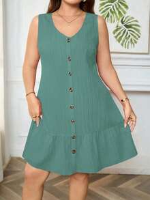 EMERY ROSE Plus Size Solid Color Casual Front Button Ruffle Hem Sleeveless Dress - Limelight Green - View 3