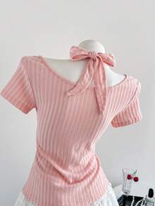 Elamini 浪漫性感V领扭结露背短袖T恤，迷人甜美纹理针织修身收腰女式上衣 - 粉色 - 查看 6