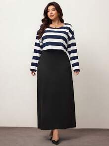 Enliva 大码女装秋冬时尚休闲日常舒适黑白条纹长袖宽松T恤和黑色背心长裙两件套，曲线套装，连衣裙套装，女士街头服饰，春装，女士机场装，大学生装 - 藏蓝色 - 查看 1
