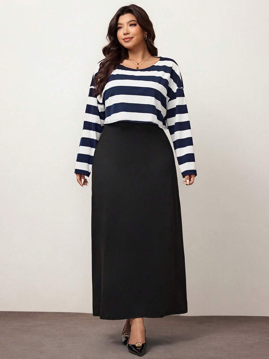 Enliva 大码女装秋冬时尚休闲日常舒适黑白条纹长袖宽松T恤和黑色背心长裙两件套，曲线套装，连衣裙套装，女士街头服饰，春装，女士机场装，大学生装 - 藏蓝色 - 查看 1