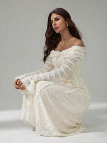 SHEIN Tall 下午茶时光甜美优雅露肩长袖连衣裙约会装扮3D立体花卉连衣裙 - 白色 - 查看 5