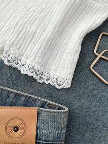 SHEIN Białe, dzianinowe, teksturowane topy z koronką i kokardą dla nastolatek, do noszenia warstwowego lub samodzielnie, na powrót do szkoły, na wakacje, na co dzień - Biały - Zobacz 5