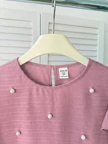 SHEIN Tween Girls' Spring/Summer Casual Beaded Elegant Ruffle Trim Woven Textured Round Neck Blouse, Pink - Pink - View 4