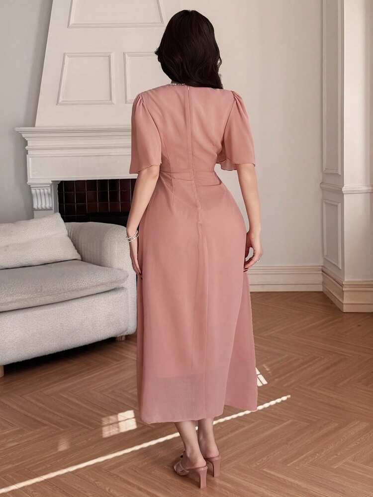 Women's Elegant Solid Color V-Neck Puff Sleeve Ruched Midi Dress, Summer Wedding Guest Dress Sundress