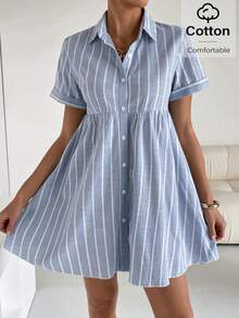 Siren Gaze Women's Button Front Short Sleeve Striped Casual Short Dress,Pastel Dresses For Women Summer - Blue and White - View 6