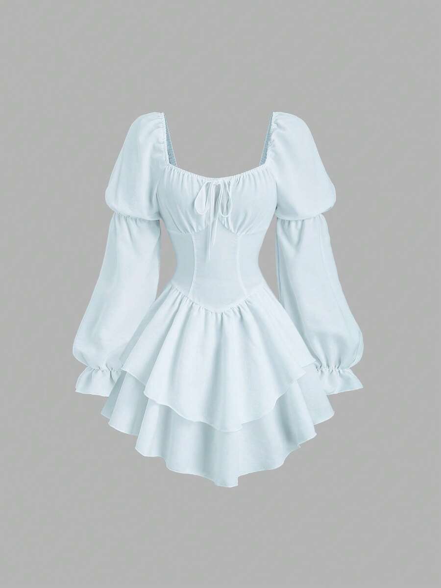 Sweetra 法式浪漫初秋时尚公主风泡泡袖连衣裙，收腰设计，不对称下摆，优雅派对礼服，可爱迷人的白色女士连衣裙 - 藍色 - 查看 1