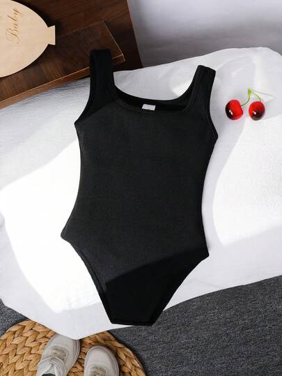 SHEIN 女童纯色方领休闲连体裤