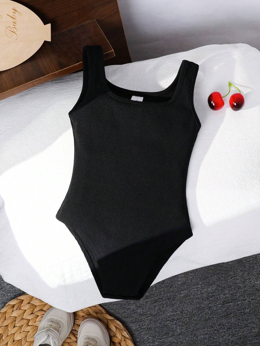 SHEIN 女童純色方領休閒連身褲 - 黑色 - 查看 1