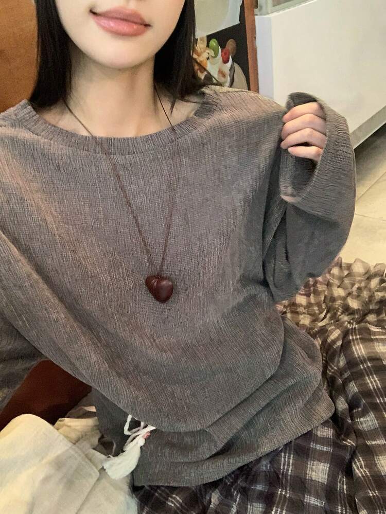 Women's Solid Color Round Neck Drop Shoulder Long Sleeve Casual Loose T-Shirt