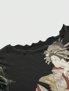 ROMWE Avant Cute Sheer Mesh New Chinese Style Sexy Slogan Calligraphy Geisha Pine Tree Print Short Sleeve Women Top - Black - View 3